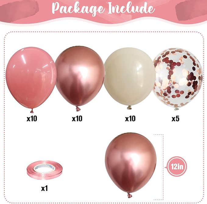 Dusty Pink and Rose Gold Balloons, 12In Retro Blush Pink Beige White Balloons with Metallic Rose Gold Confetti Latex Balloons Set for Girls Women Birthday Baby Bridal Shower Wedding Party Decorations