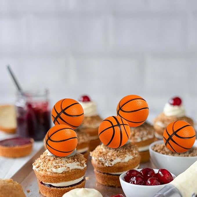 24Pcs Basketballs Cupcake Toppers Foam Sports Ball Cupcake Picks for Baby Shower Kids Basketball Theme Birthday Party Cake Decorations Supplies