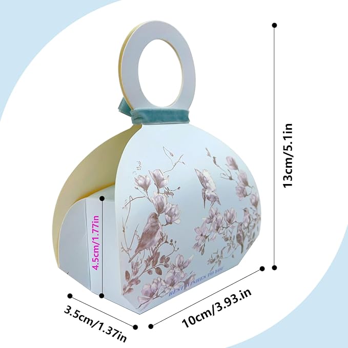20 PCS Small Gift Boxes, Flower & Bird Party Favor Boxes Goodie Bags with Handle, Velvet Bow, Pearl Pendant for Wedding Anniverary Valentine's Day Birthday Party Presents 4"x5.1"x1.4"(Mist Blue)