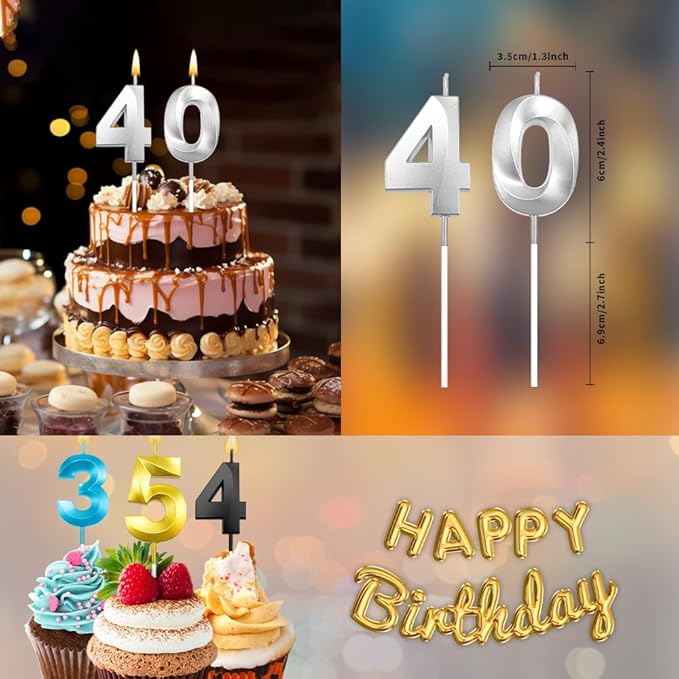 40 Birthday Candle Number 40 Candle Silver Candles for 40 Birthday Decorations for Girls 40th Decorations 40 Birthday Candle 40 Birthday Girl Silver Candle Numbers 40