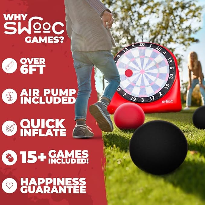 Swooc Games - Premium Inflatable Giant Kick Darts (15+ Ways to Play) - Jumbo Soccer Dartboard with Air Pump - Big Carnival Games - Giant Outdoor Games - Oversized Dart Board Yard & Lawn Game