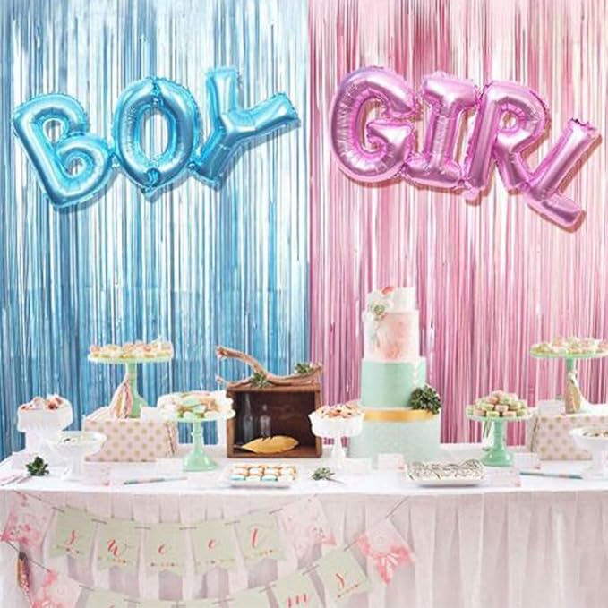 Boy or Girl Foil Balloons, Metallic Tinsel Foil Fringe Curtain Blue Pink Gender Reveal Party Supplies Sparkle Foil Fringe Curtain Balloons Decoration