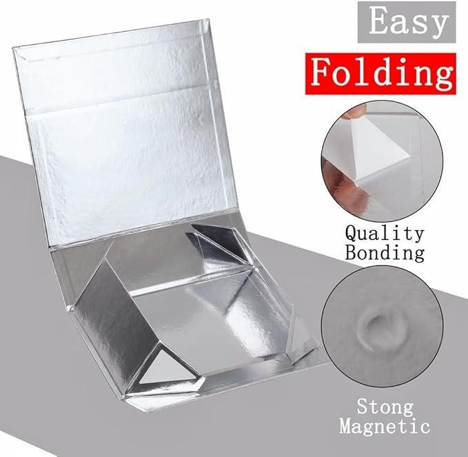 UoeRing 1 Pcs Silver Gift Box 9.5x6x3 inch Small Luxury Gift Box for Presents with Magnetic Lid Collapsible,Birthday,Christmas,Contains Card, Ribbon, Tissue Paper,Shredded Paper Fille
