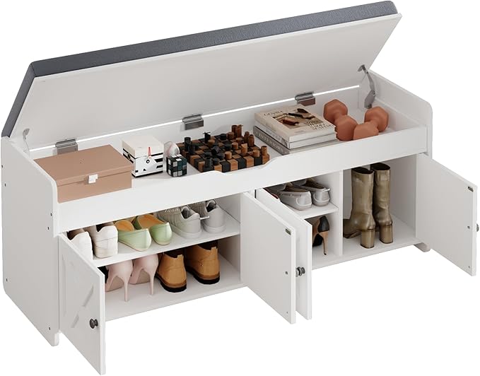 Pipishell Shoe Storage Bench, 2-Tier with Cushioned Seat, Entryway Bench with Adjustable Shelf & Barn Doors, 300 lbs Capacity, 47.2" x 15" x 18", for Entryway, Bedroom, Living Room, White