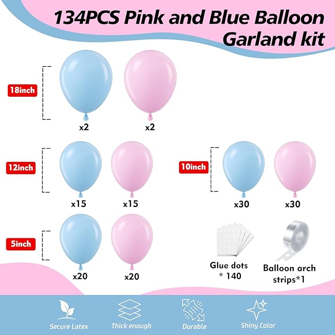134Pcs Pink and Blue Balloon Garland Arch Kit - Perfect for Gender Reveal, Baby Shower, Birthday Party & Anniversary Decorations - Latex Balloons for Boy or Girl Celebrations (No Box)