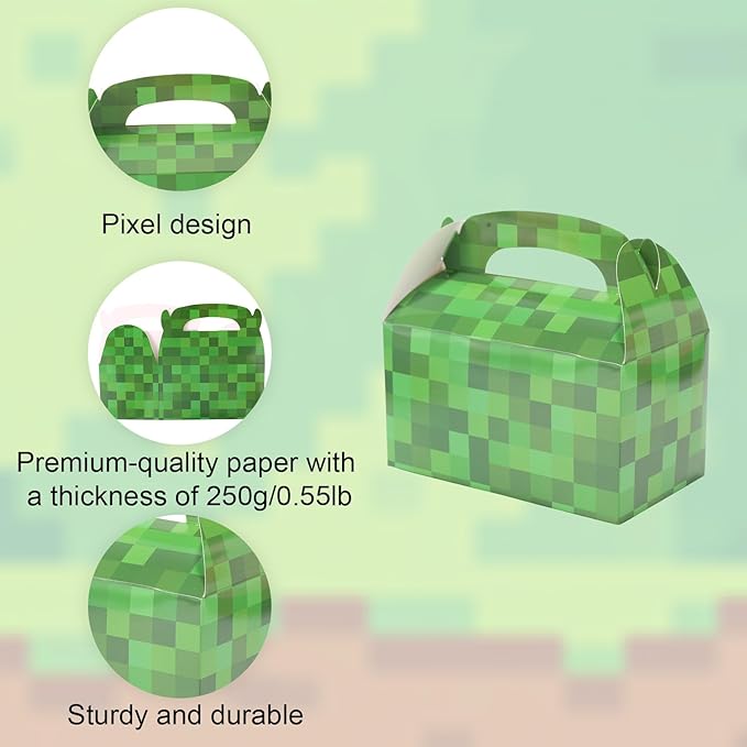 18pcs Pixel Theme Gift Box Bags, 2 Colors Pixel Candy Treat Boxes with Handles Video Game Goodie Party Favors for Boy Girls Birthday Game Party Supplies (Green & Brown)