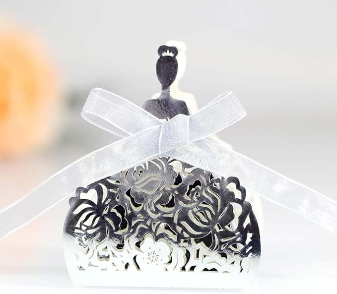Steedna 50 Pack Bride Pattern Chocolate Gift Box Sector Pearl Paper Hollow Out Small Gift Box Wedding Dress Laser Cut with Ribbons Candy Boxes Party Favors Chocolate Box (Ref-Silver)