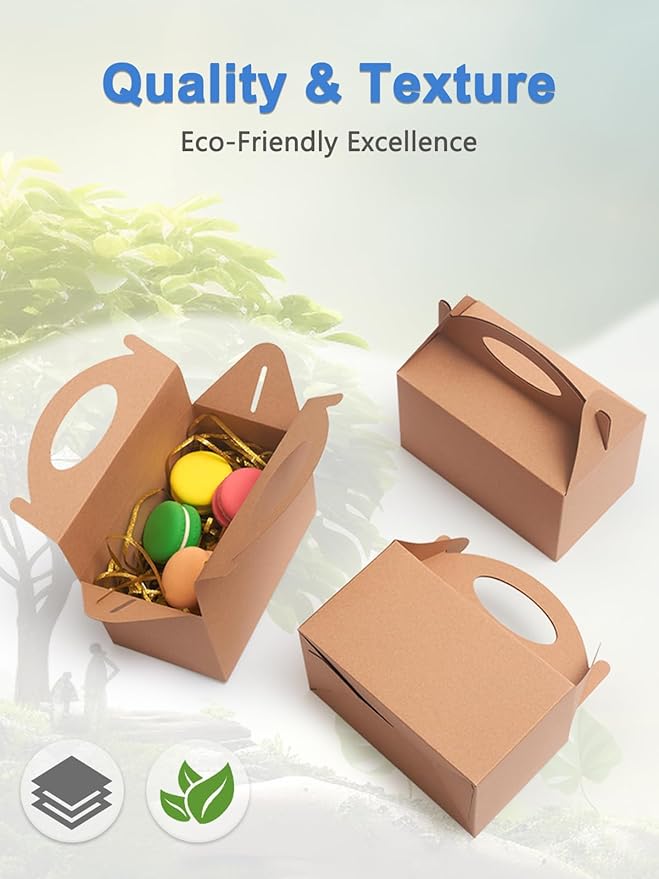12 Pcs Small Party Treat Boxes, 6 Inch Candy Cookie Goodie Gift Bags Gable Box for Kids Birthday Party, Kraft Brown