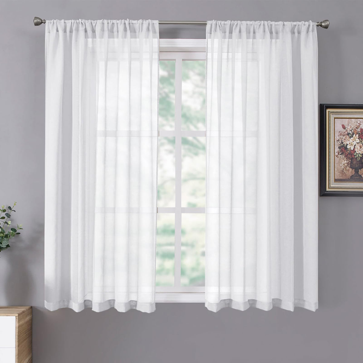Short Sheer Curtains Linen Textured Living Room Curtain Sheers Light Filtering Rod Pocket Voile Curtains for Bedroom
