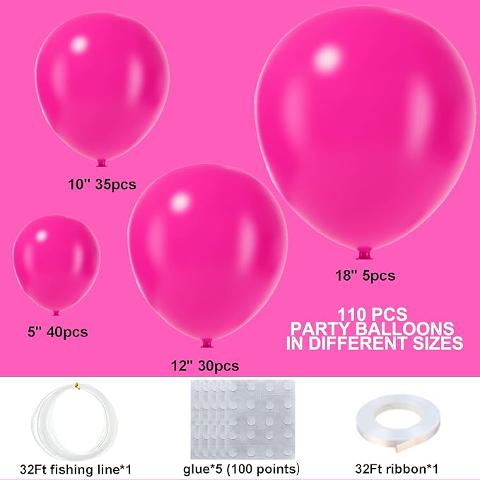 Hot Pink Balloons 110Pcs Hot Pink Balloon Garland Arch Kit 5/10/12/18 Inch Matte Latex Hot Magenta Balloons Different Sizes as Baby Shower Birthday Wedding Bridal Princess Theme Party Decorations