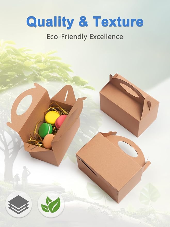 25 Pcs Small Party Treat Boxes, 6 Inch Candy Cookie Goodie Gift Bags Gable Box for Kids Birthday Party, Kraft Brown