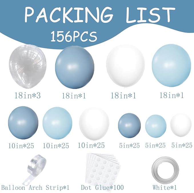 156pcs Dusty Blue Balloon Arch Kit Different Sizes Light blue Baby Blue and White and Clear Latex Balloons Garland Arch Kit for Baby Shower Gender Reveal Wedding Birthday Decorations for Boy Men