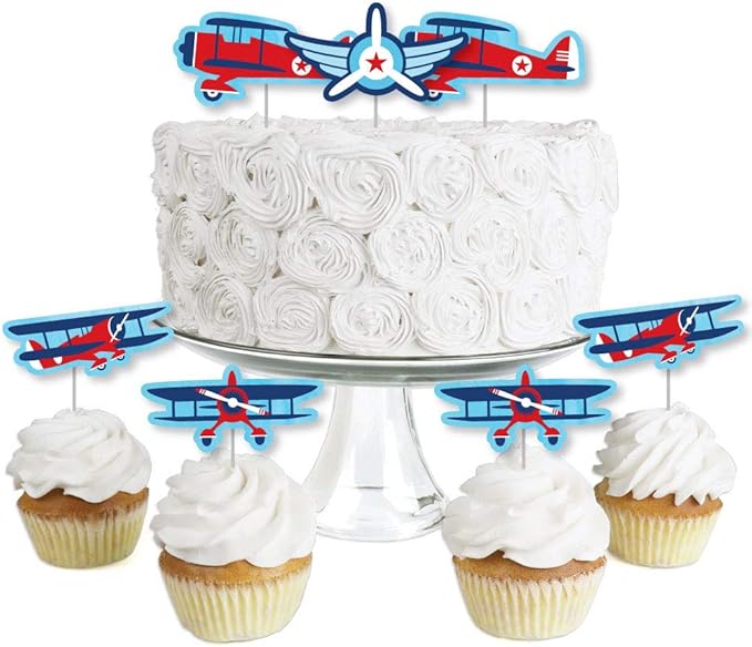 Big Dot of Happiness Taking Flight - Airplane - Dessert Cupcake Toppers - Vintage Plane Baby Shower, Birthday Party Clear Treat Picks - Set of 24