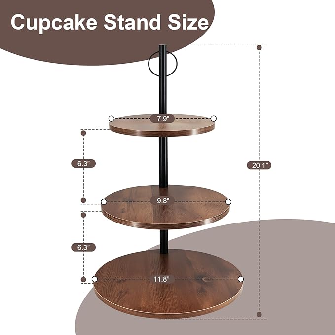 Cupcake Stand, 3 Tier Wood Cake Stands Rustic Cupcake Tower, Round Tiered Tray Stand for Dessert Table Display, Industrial Wooden Serving Stand Wedding, Graduation and Baby Shower