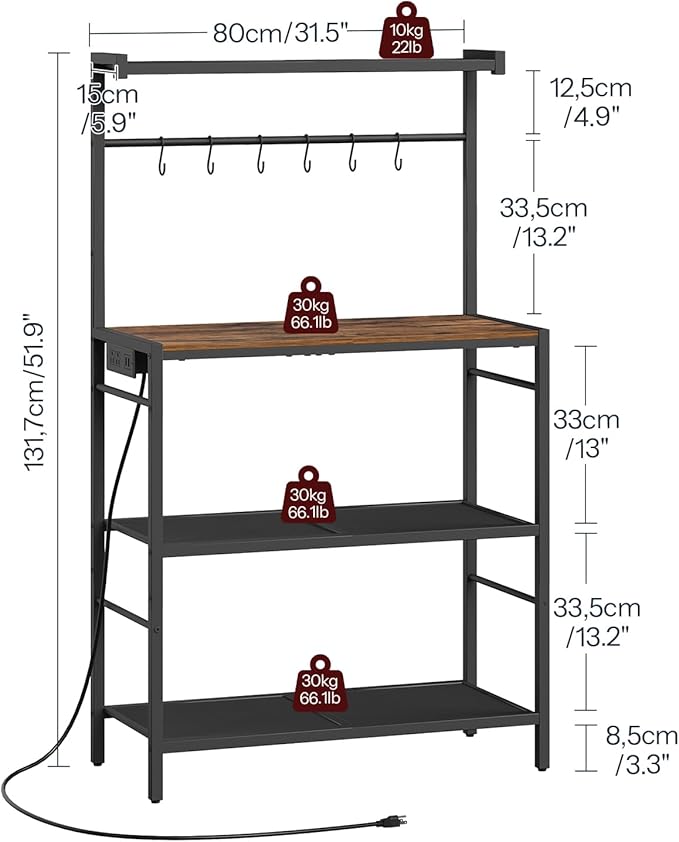 MAHANCRIS Bakers Rack with Power Outlet, Kitchen Storage Shelf with 6 Hooks, Microwave Stand with Storage, 4-Tier Coffee Bar Station, for Kitchen, Dining Room, Rustic Brown and Black BRHR351E01