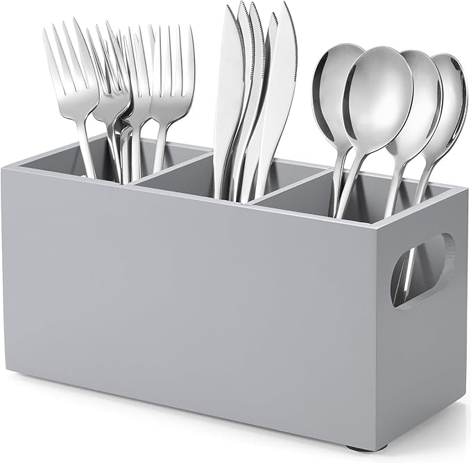 DRASTAR Wooden Silverware Caddy, Flatware Cutlery Holder, Kitchen Utensil Holder for Countertop, Silverware Organizer Containers for Party, Gray