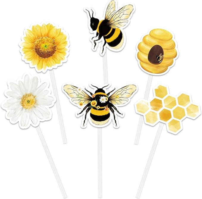 WERNNSAI 36 PCS Bee Cupcake Toppers - Bumble Bee Cake Decorations Honeycomb Cake Toppers Sweet Birthday Party Decorations for Kids Birthday Baby Shower Supplies