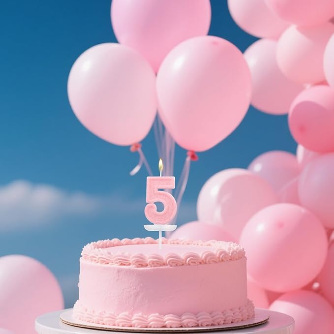 Pink Number Birthday Candles, Romantic Cake Glitter Pink Number Candles Anniversary Cake Topper Decoration Cute Birthday Party Supplies for Wedding Anniversary Celebration Supplies (5)