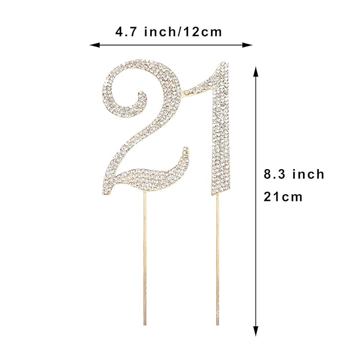 21 Cake Topper 21th Birthday Diamond Cake Topper for Girls 21 Bling Rhinestone Cake Decoration Party Supplies Keepsake，Gold