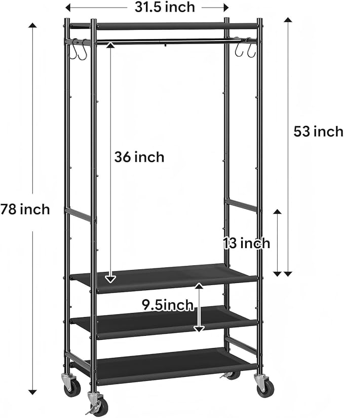 Ekisemio Heavy Duty Clothes Rack, 4 Tier Freestanding Garment Rack for Hanging Clothes with Shelves, Max Load 450 LBS, Rolling Clothing Racks for Bedroom Laundry, Black