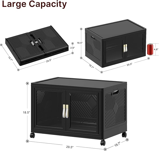 UAMFURI Stackable Storage Bins with Lids, Clear Doors, Large Storage Cabinet Foldable Collapsible Closet Organizers for Bedroom Dorm Office (1, Black, 160, Quarts)