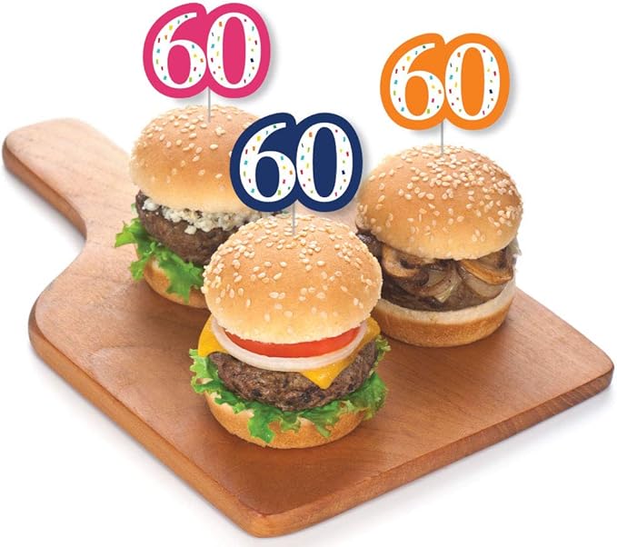 Big Dot of Happiness - 60th Birthday - Cheerful Happy Birthday - Dessert Cupcake Toppers - Colorful Sixtieth Birthday Party Clear Treat Picks - Set of 24