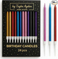 by Tugba Aydan - Rainbow Birthday Candles, 24 Pack, Long Thin Metallic Cake Candles with Holders, Colorful Candles for Cakes, Cupcakes & Parties