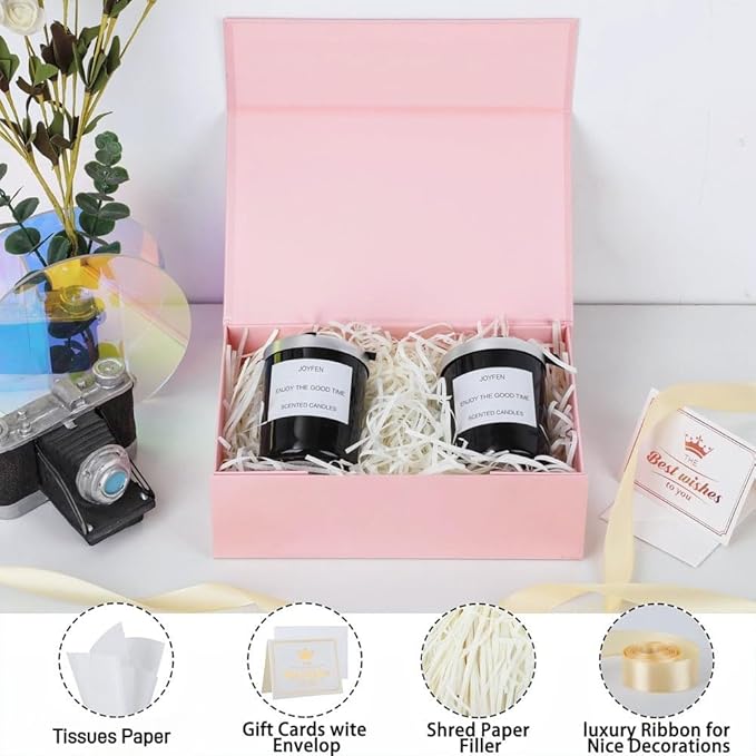UoeRing 1 Pcs Pink Gift Box 9.5x6x3 inch Small Luxury Gift Box for Presents with Magnetic Lid Collapsible,Birthday,Christmas,Contains Card, Ribbon, Tissue Paper,Shredded Paper Fille