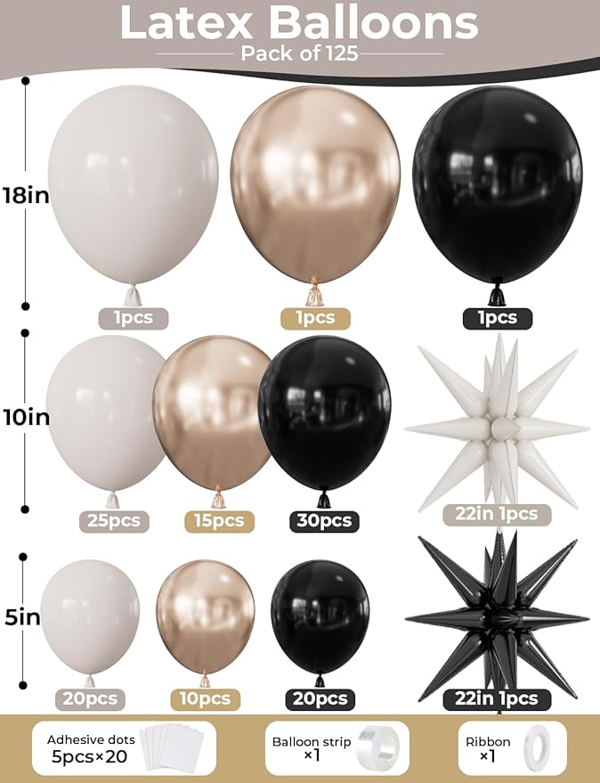 Black and Gold balloon Arch Garland Kit - Black Gold White Balloons with Sand White, Metallic Champagne Balloon, Star Foil Balloons for Graduation Birthday Wedding Party Decorations, 125Pcs