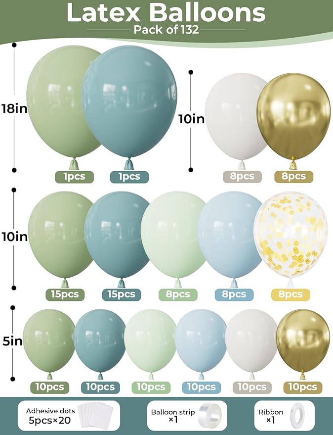 Dusty Blue Green Balloon Garland Arch Kit - Ash Mist Green Balloons Haze Fog Blue Balloons Sand White Gold Latex Balloon for Baby Shower Jungle Safari Woodland Birthday Party Decorations