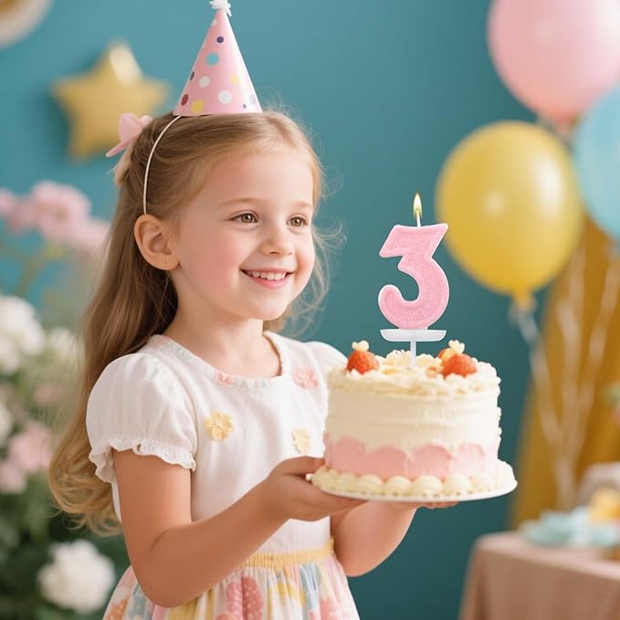 Pink Number Birthday Candles, Romantic Cake Glitter Pink Number Candles Anniversary Cake Topper Decoration Cute Birthday Party Supplies for Wedding Anniversary Celebration Supplies (3)