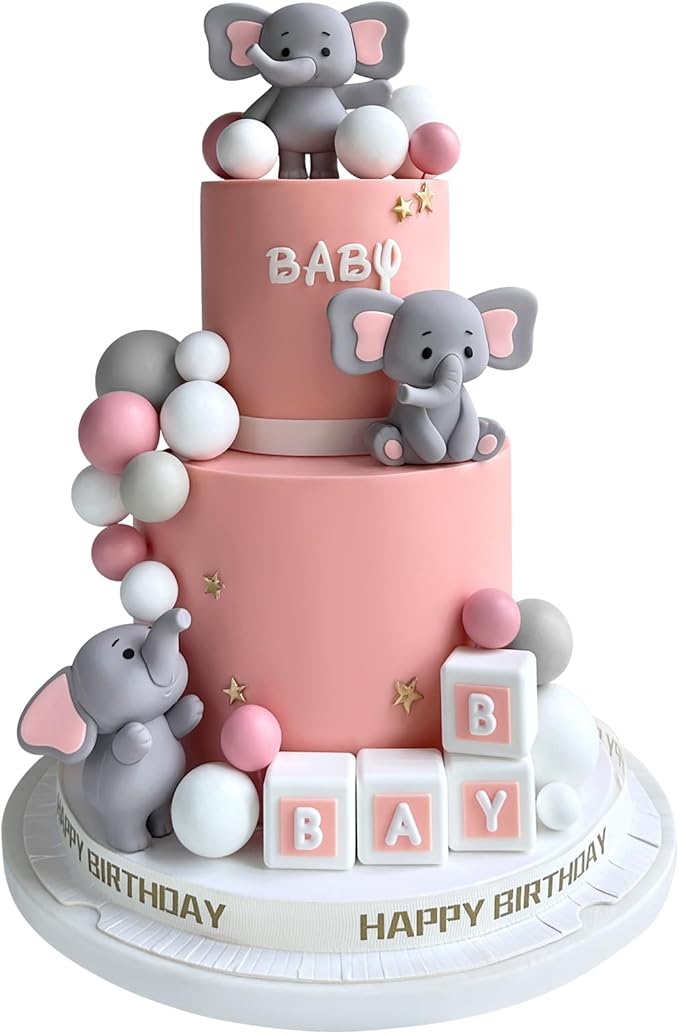 28pcs Elephant Cake Topper Balls Cake Decorations DIY Cake Topper for Boy Girl Birthday Party Decorations (Pink)