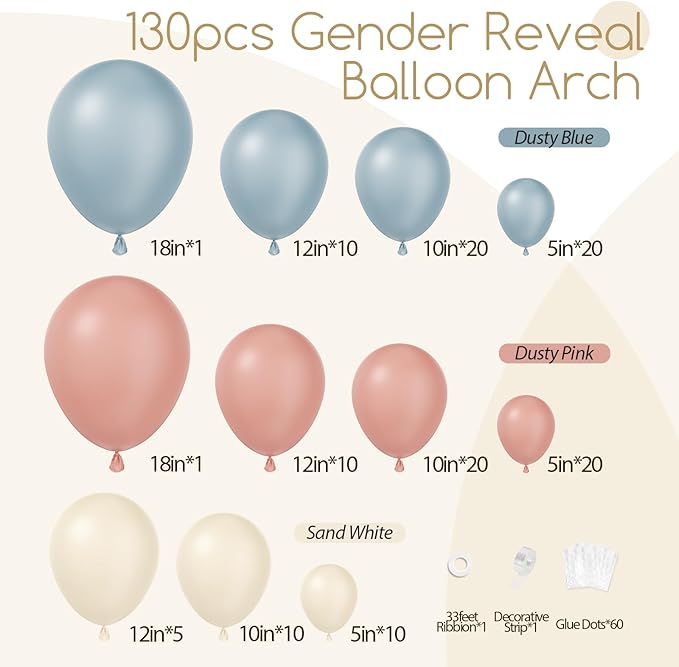 Gender Reveal Balloon Garland Arch Kit, 130pcs Dusty Pink and Blue Balloons Arch for Boho Neutral Theme Baby Shower Birthday Gender Reveal Decoration