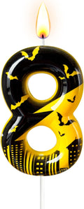 Black Yellow Number 8 Birthday Candle for Cake – Dark Night Hero Style with Bat & City Silhouette Design – Unique Cake Topper for Birthday, Anniversary, Themed Party Decoration