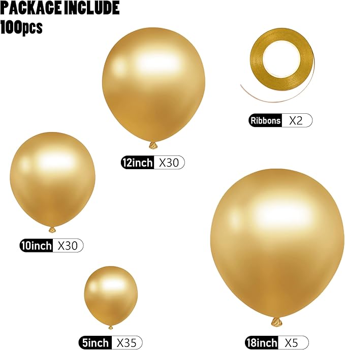 CANREVEL Metallic Gold Balloons - 100pcs Different Sizes 15/10/12/18 Inch Chrome Gold Latex Balloons Garland Arch Kit for Birthday Party Graduation Baby Shower Wedding Holiday Balloon Decoration