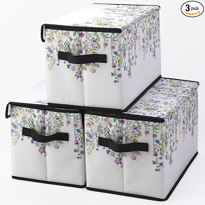 Stackable Clothes Storage Bins with Lids,Closet Organizers Fabric Cat Printing Box for Home and Office,Blanket Clothes Organizers,Under Bed Storage Containers 3 Pack.