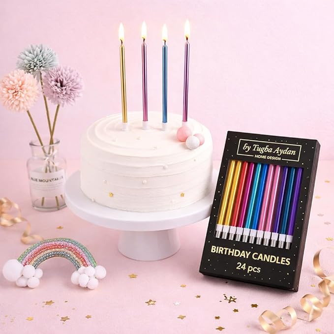 by Tugba Aydan - Rainbow Birthday Candles, 24 Pack, Long Thin Metallic Cake Candles with Holders, Colorful Candles for Cakes, Cupcakes & Parties