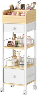 HOOBRO Makeup Organizer Cart with Fabric Drawers, Mobile Makeup Storage with Swivel Casters and Leveling Feet, Cosmetics Display Holder for Bathroom and Bedroom Vanity, White and Natural WN20TC04