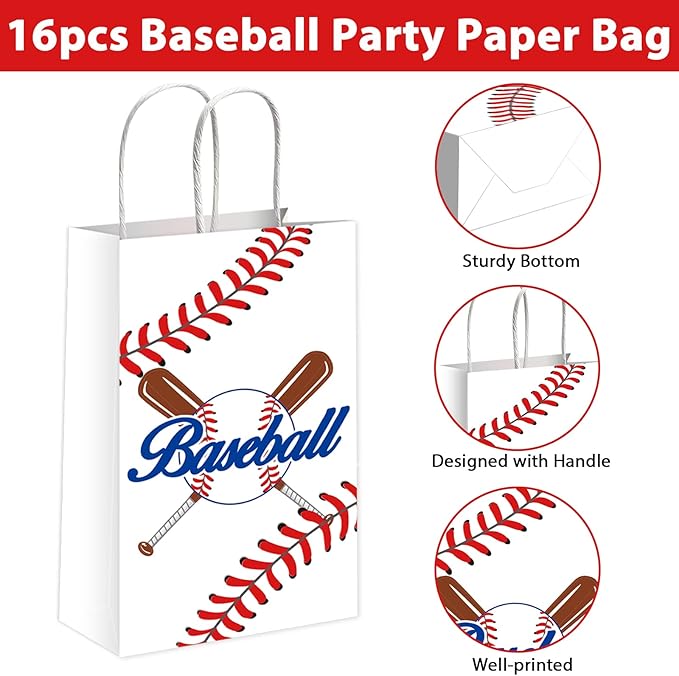 gisgfim 16 Pieces Baseball Party Favor Snack Bags Baseball Theme Birthday Goodie Treat Paper Bags Sports Party Supplies Decorations for Baby Shower Birthday Gifts