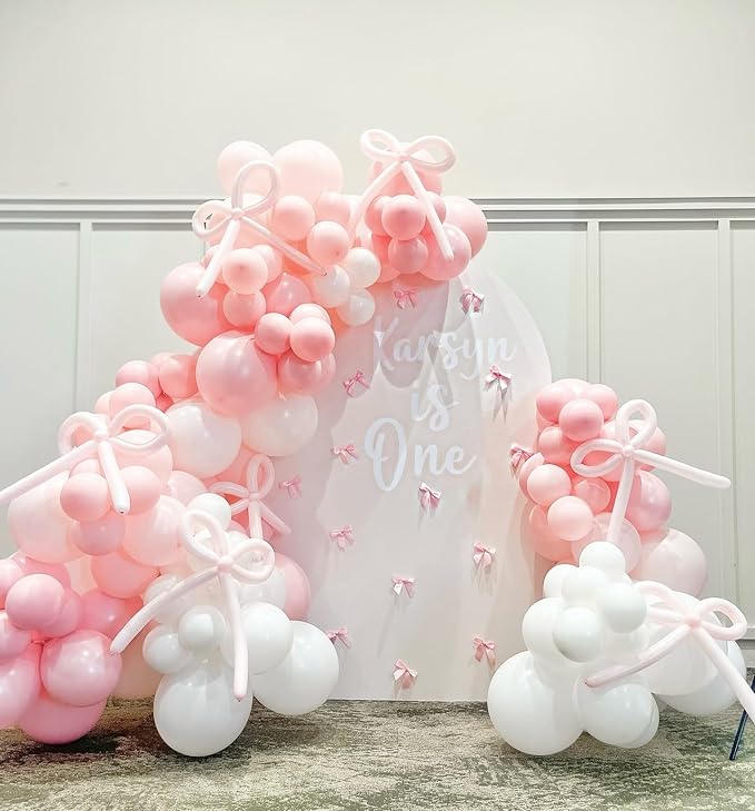 Bow Pink and White Balloon Arch Kit, 102pcs Light Pink White Bow Balloons Difference Sizes Latex Balloons with 16ft Tape Strip & Dot Glue for Pink Bow coquette Birthday Party Decorations