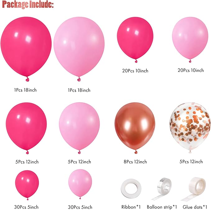 CANREVEL 125Pcs Pink Balloon Garland Arch Kit, Hot Pink Metallic Rose Gold Confetti Latex Balloons for Baby Girl Shower Princess Birthday Wedding Valentine's Party Decorations