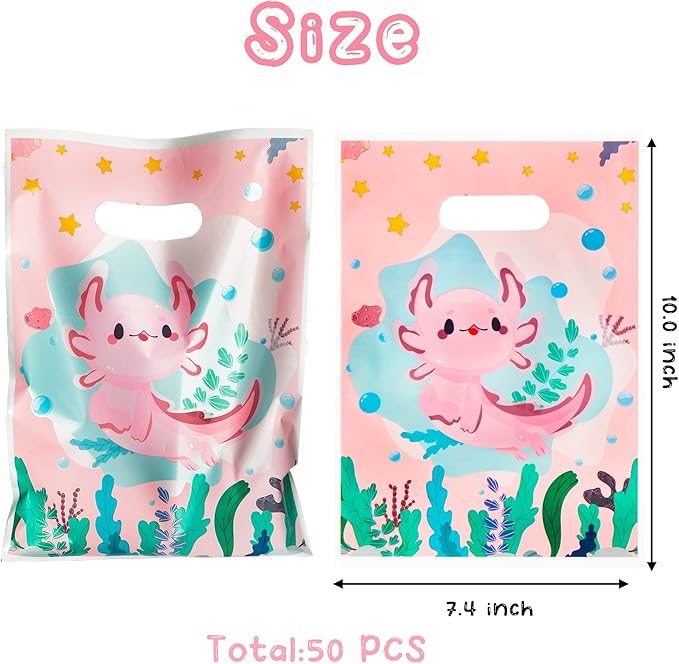 3sscha 50Pcs Axolotl Party Favor Bags Amphibian Themed Waterproof Goodie Bag with Die Cut Handles Reptile Animals Water Plants Plastic Candy Gift Pack for Baby Girl Birthday Baby Shower Decors Supplies