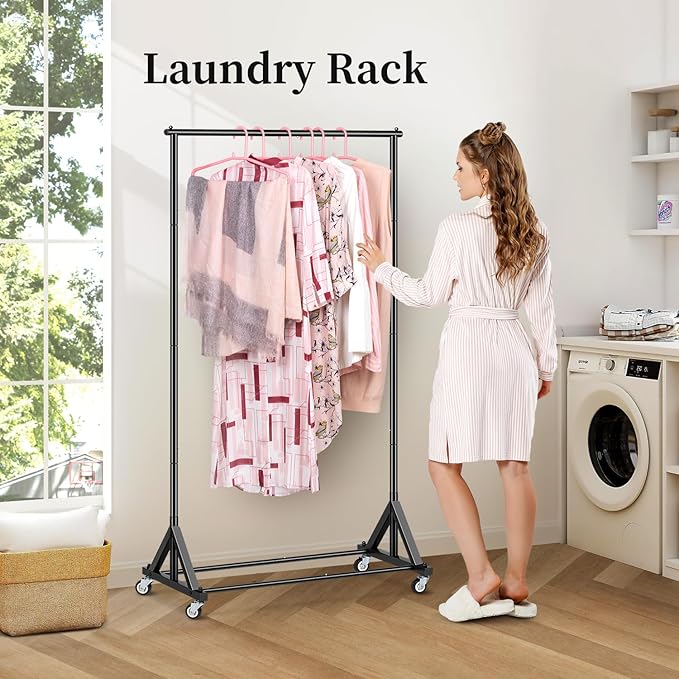 SLEEPING LAMB Heavy Duty Clothes Rack, Rolling Clothing Racks for Hanging Clothes Metal Garment Racking With Wheels, Clothes Hanger for Coats, Shirts, Sweaters Wardrobe Rack (Black)