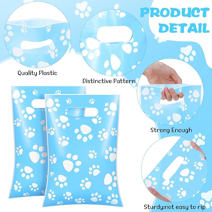 Pasimy 100 Pcs Dog Paw Gift Bags Bulk Pet Paw Puppy Plastic Treat Favor Candy Goodie Bags with Handle for Dog Birthday Party Decoration Supplies(Blue,White)
