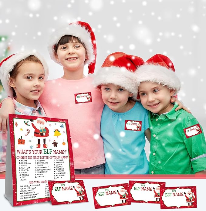 What's Your ELF Name Game, 1 Sign & 30 Stickers, Christmas Party Activity for Family, Kids & Adults