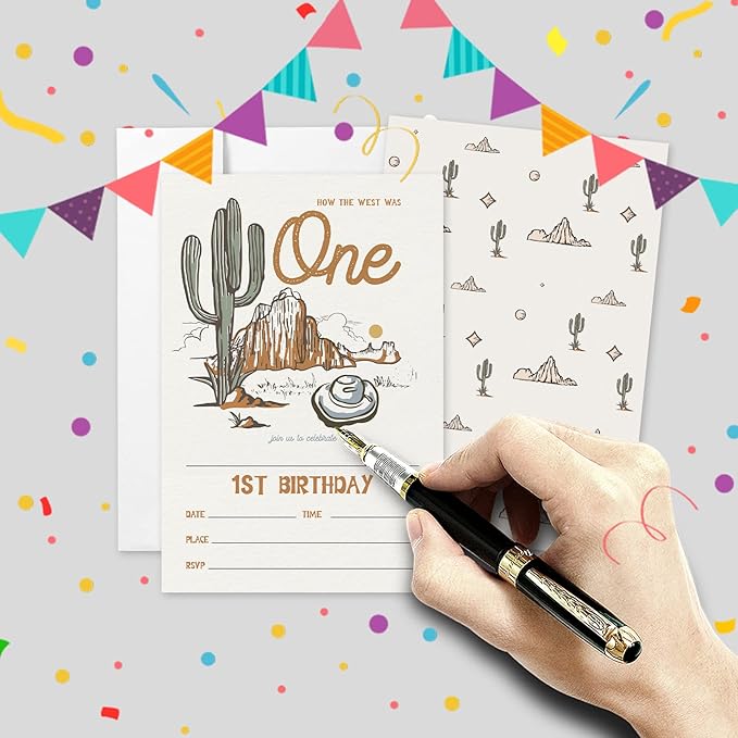 AEHIE 20 Sets Western 1st Birthday Party Invitations With Envelopes,How The West Was One Double-sided Printed Birthday Party Invitation Invite Cards for Baby Girls Boys,1st Rodeo Birthday Invites