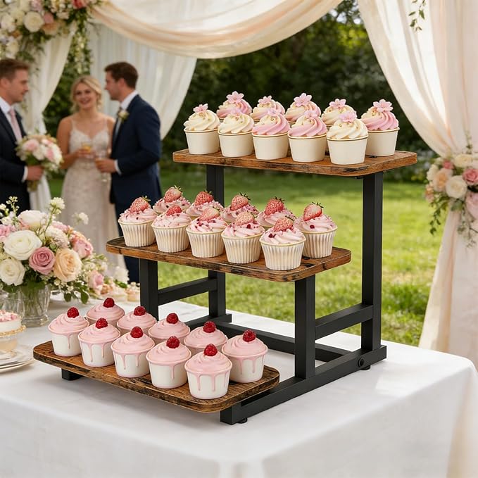 3 Tier Cupcake Stand, Rustic Wood & Metal Tiered Display Stand, Stepped Dessert Table Riser for Wedding, Party & Farmers Market