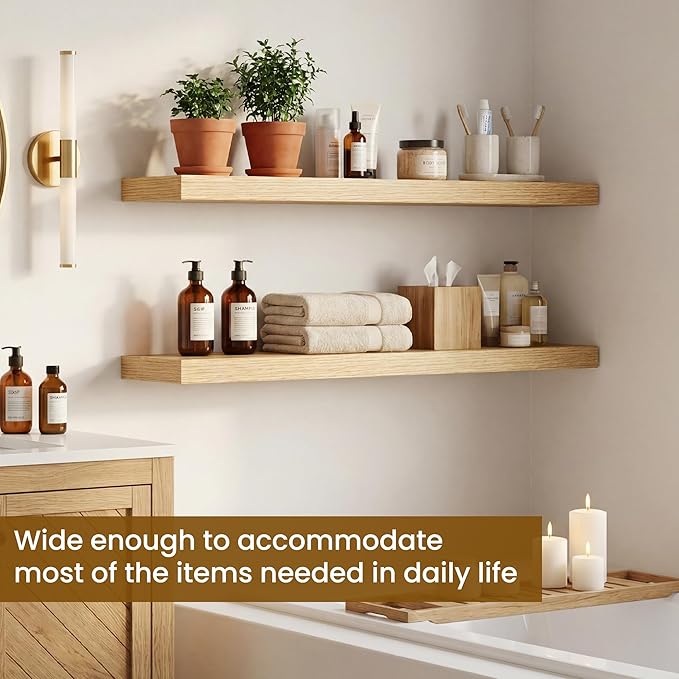 Dreamland 32inch Floating Shelves for Wall, Rustic Oak Floating Shelves for Bathroom|Bedroom|Kitchen, Deep Wall Mounted Book Shelf, Wood Storage Display Shelf for Home Decor, Set of 2