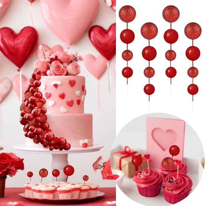 60Pcs Glitter Cake Balls Decorations Foam Cake Topper Balls Mini Balloon Cupcake Toppers for Cake Decorating Birthday Baby Shower Party (Glitter Red)