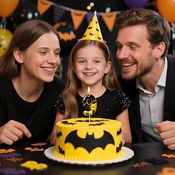 Black Yellow Number 9 Birthday Candle for Cake – Dark Night Hero Style with Bat & City Silhouette Design – Unique Cake Topper for Birthday, Anniversary, Themed Party Decoration